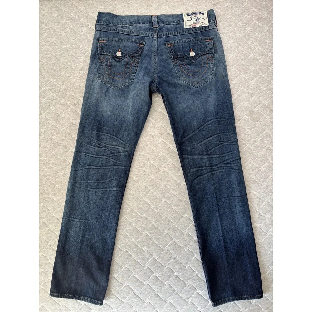True‎ Religion Jeans Mens 38 Blue Skinny Flap Pockets Horseshoe Stitching Denim